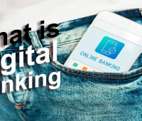 A smartphone with online banking app loaded on the display sticking out of jeans' pocket.