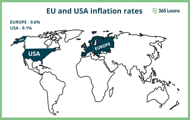 A world chart with USA and Europe highlighted and inflation rates shown.