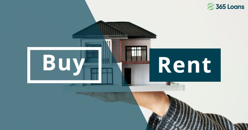 A house half-split between two labels: one is "buy" and the other - "rent."